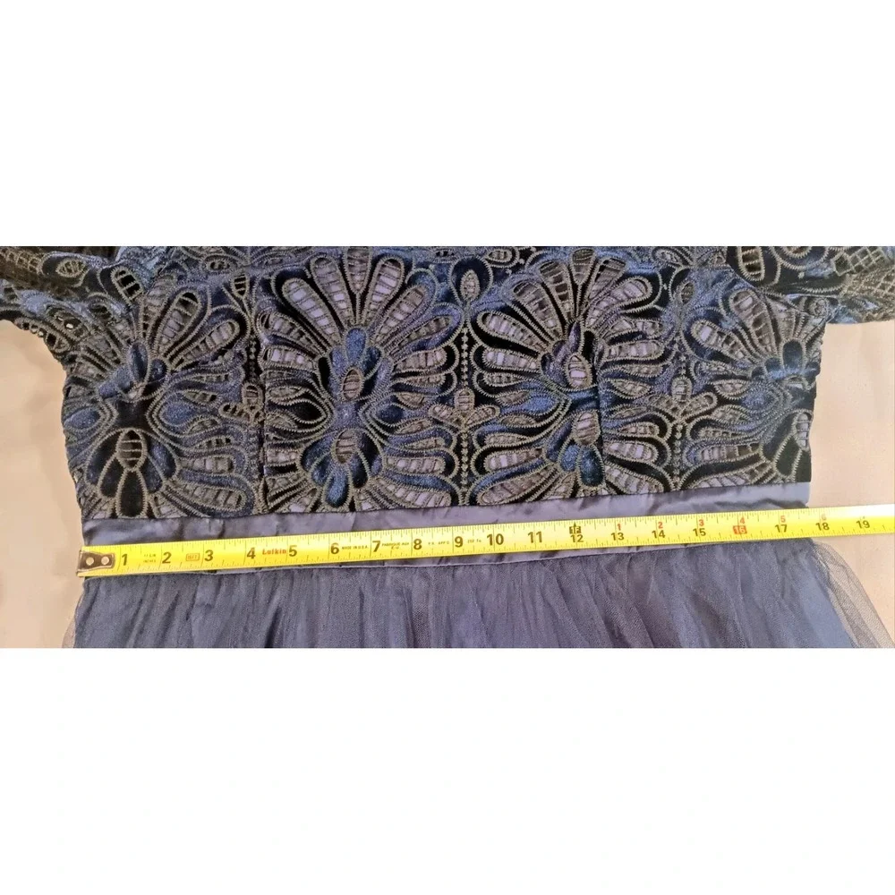 NWT Womens Maxi Dress 12 BLUE BLACK Mesh Floral Long Sleeve dark elegant formal
